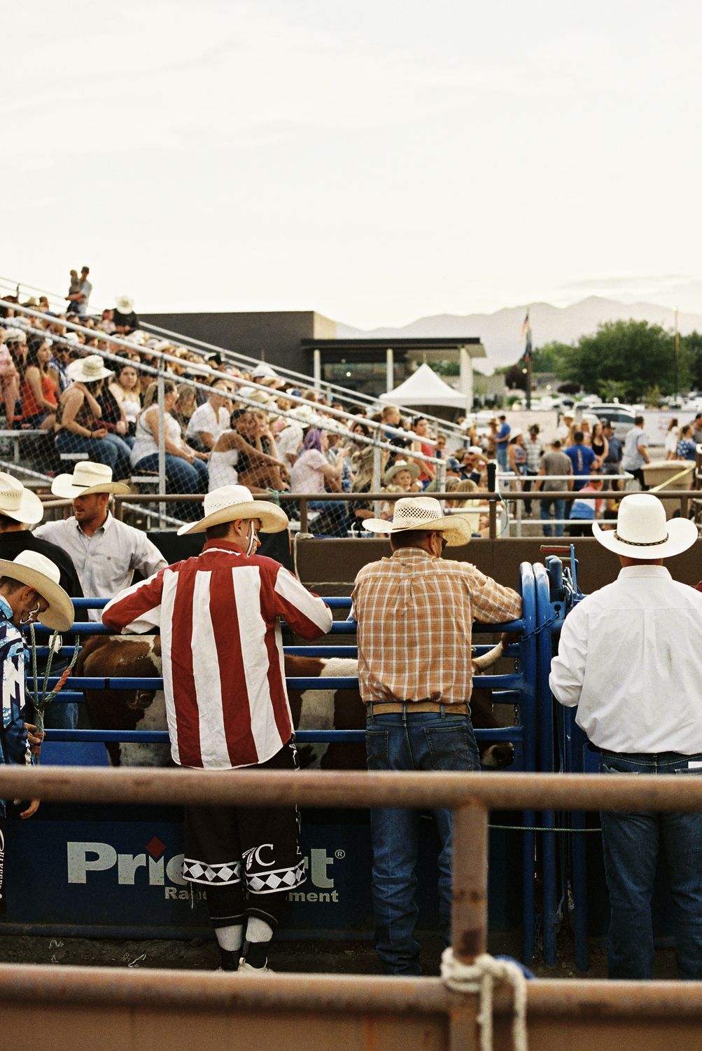 Cowboys and a bullfighter working the chutes with a packed grandstand behind