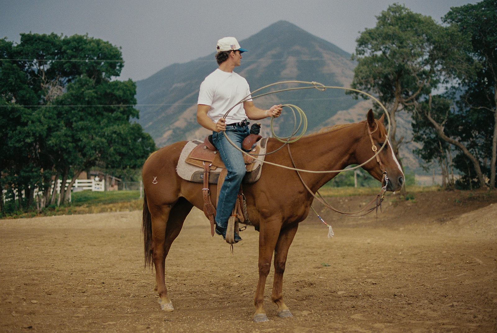 Roper on horseback swinging a loop in the arena with mountain backdrop