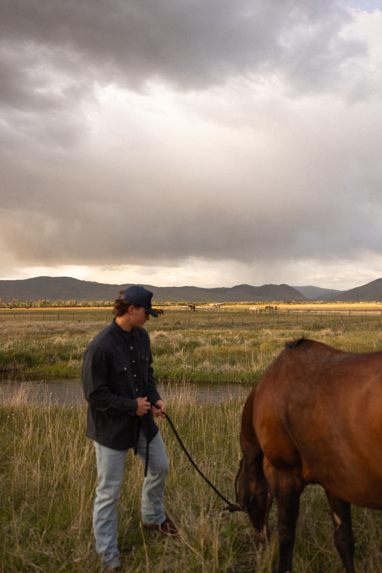 Ranch scene with rider walking a horse under dramatic storm clouds