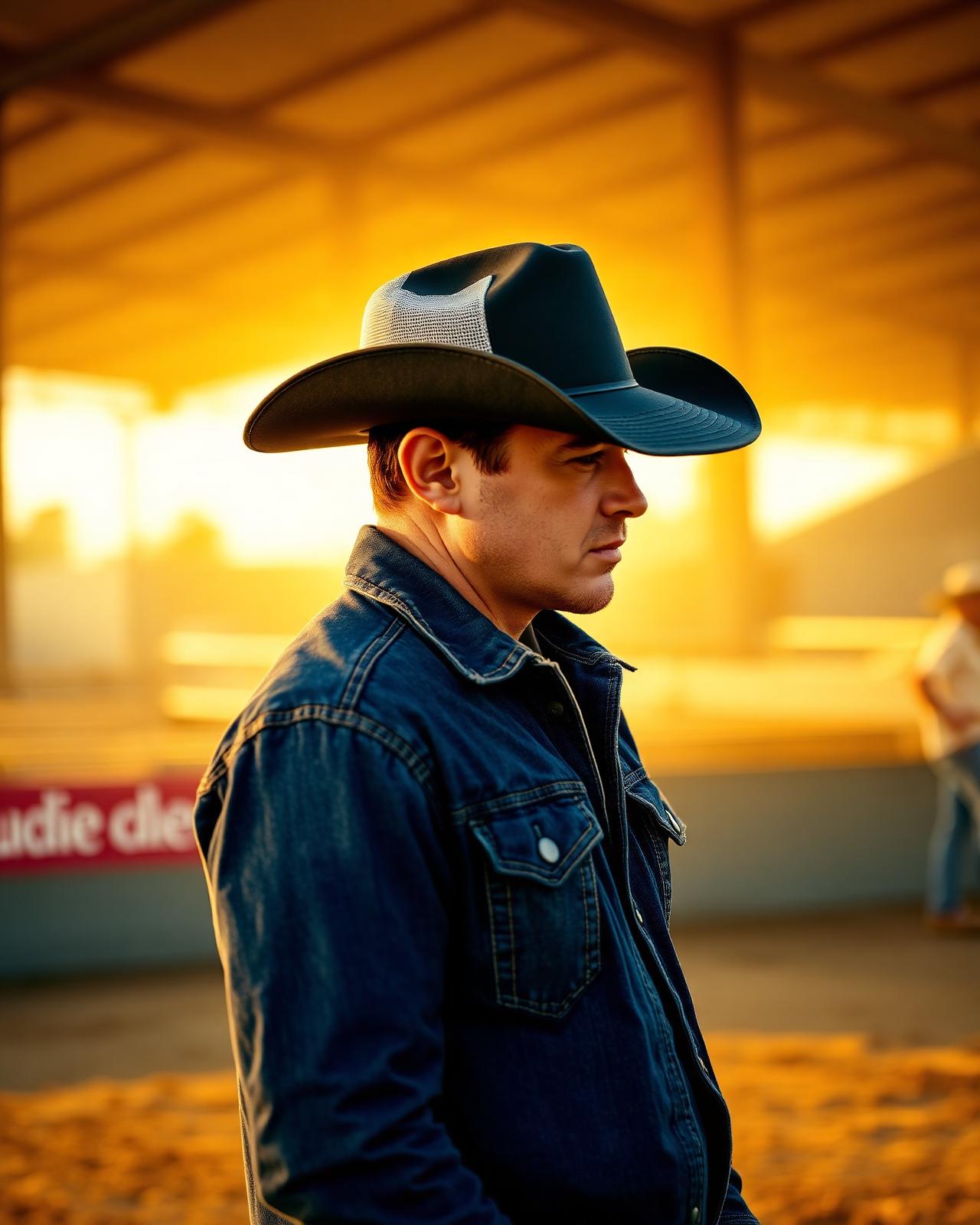 Cowboy in denim jacket at rodeo arena